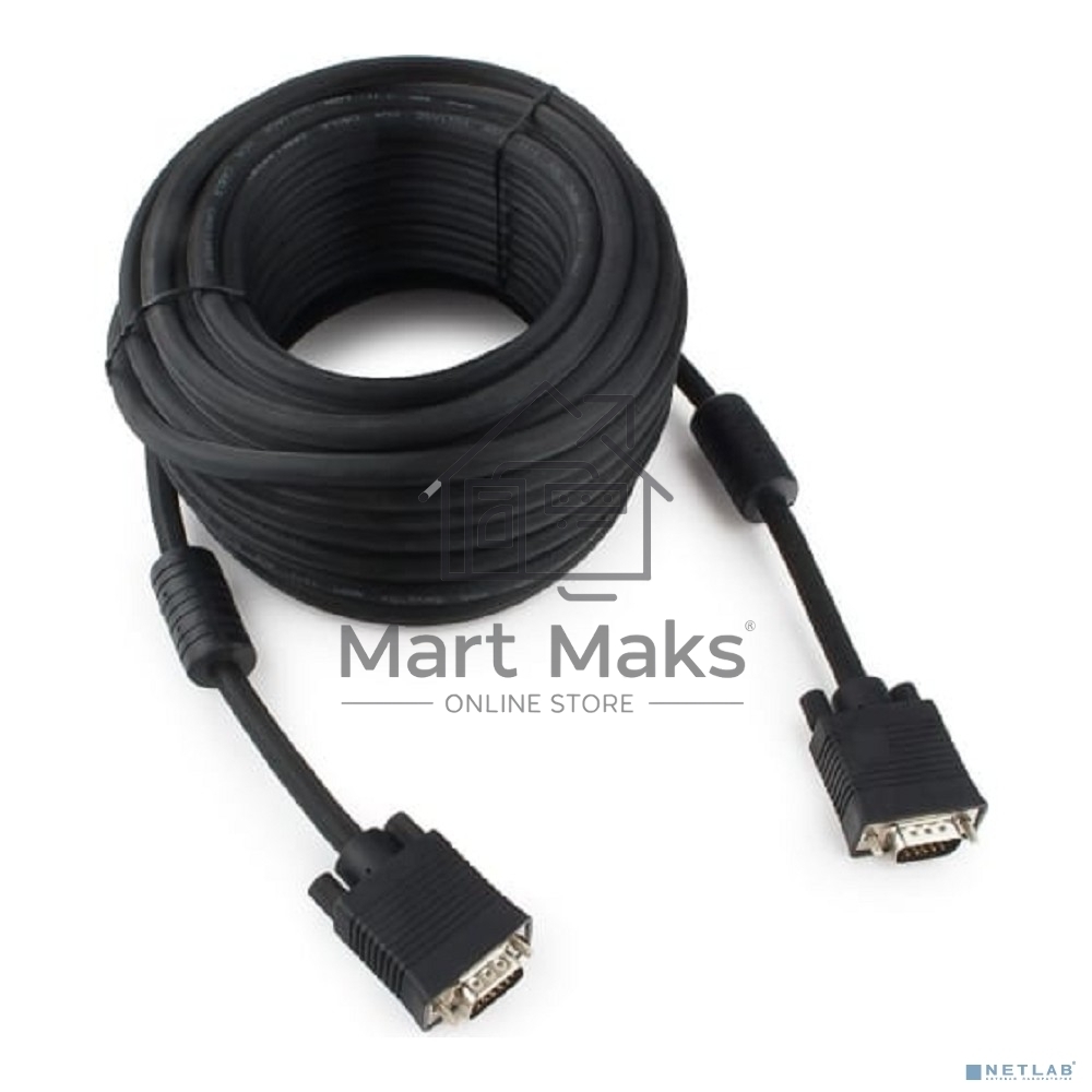 Кабель VGA Premium Cablexpert CC-PPVGA-15M-B, 15M/15M, 15м, черный, тройной экран, феррит.кольца, пакет