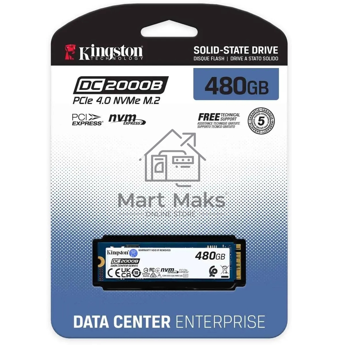 Накопитель SSD Kingston DC2000B, 480GB, PCIe 4.0 x4, M.2 2280, R/W 7000/800
