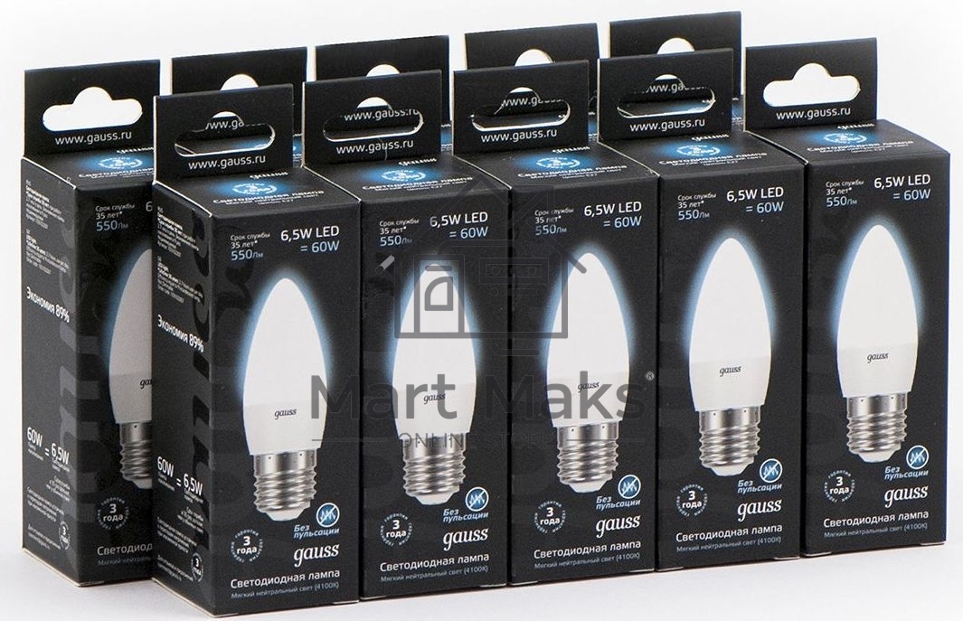 Лампа светодиодная Gauss 6.5Вт цок.:E27 свеча 220B 4100K св.свеч.бел.ней. (упак.:10шт) (103102207)