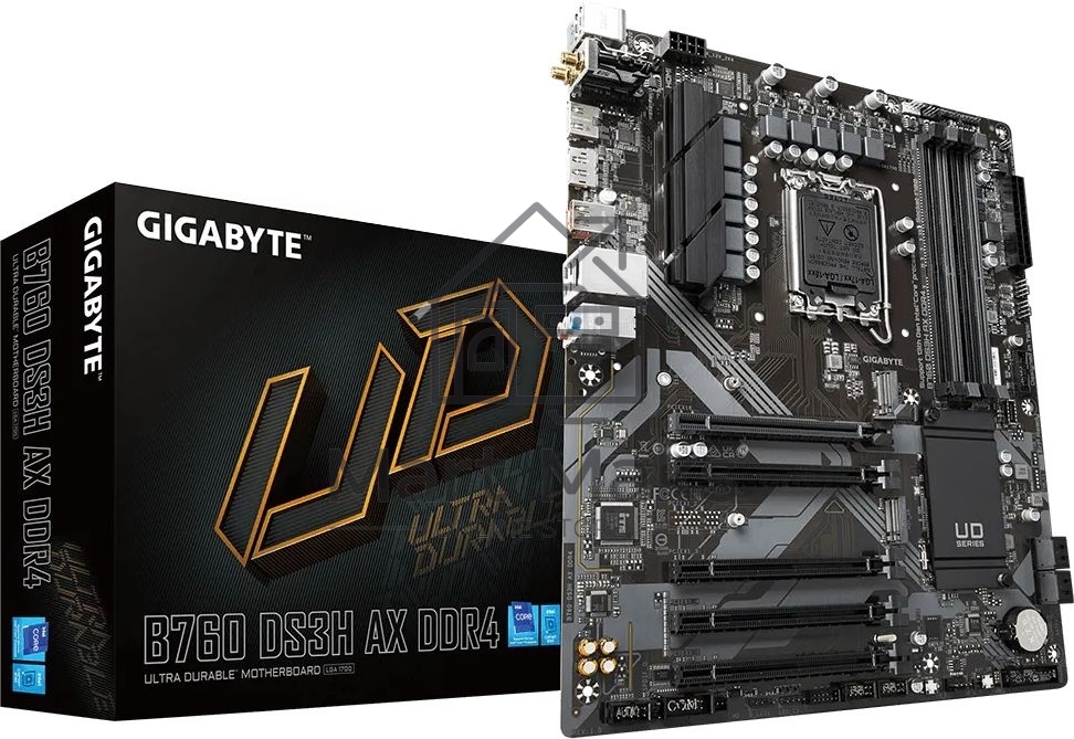 Материнская плата Gigabyte B760 DS3H AX DDR4, LGA 1700, Intel B760, 4xDDR4, 4xSATA, 2xM.2, 1xPCIe 4.0 x16, 4xPCIe 3.0 x1, 1xHDMI, 1xDP, 1x 1Gb LAN, 4xUSB-A 2.0, 1xUSB-A 3.2 Gen 2, 1xUSB-C 3.2 Gen 2, 3x3.5 мм, 7.1, ATX.