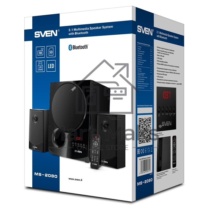 Акустическая система 2.1 SVEN MS-2080 / 70 Watt / ~220V 50Hz / FM-тюнер, USB/ SD, дисплей / BLUETOOTH / ПДУ / Black