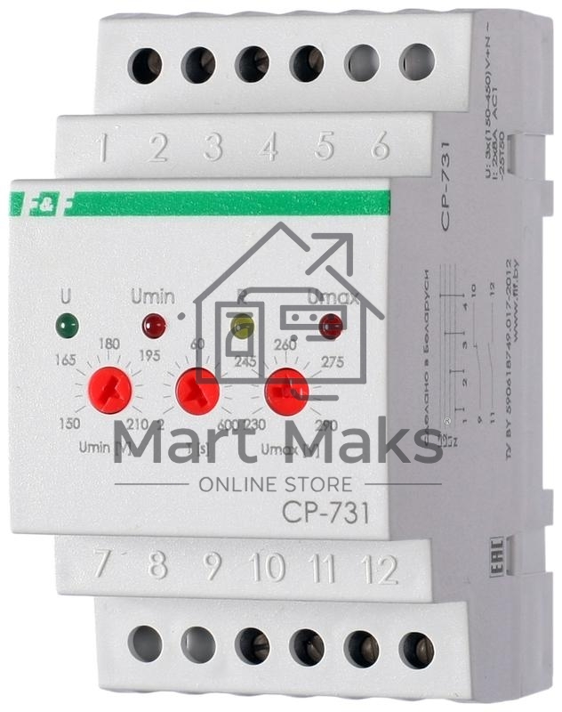 Реле напряжения CP-731 (трехфазный; микропроцессорный; контроль верхнего и нижнего значений напряжения; контроль ассиметрии; чередования фаз; монтаж на DIN-рейке 35мм 3х400/230+N 2х8А 1Z 1R IP20) F&F EA04.009.005