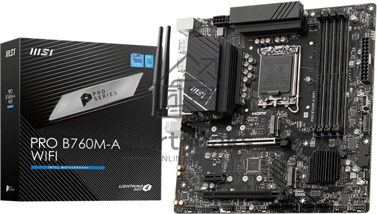 Материнская плата MSI PRO B760M-A WIFI, LGA 1700, Intel B760, 4xDDR5, 4xSATA, 2xM.2, 1xPCI-E 4.0 x16, 1xPCI-E 4.0 x4, 2xHDMI, 2xDP, 1x2.5Gb LAN, 2xUSB-A 2.0, 2xUSB 3.2 Gen 1, 2xUSB 3.2 Gen 2, 3x3.5 мм, 7.1, Micro-ATX