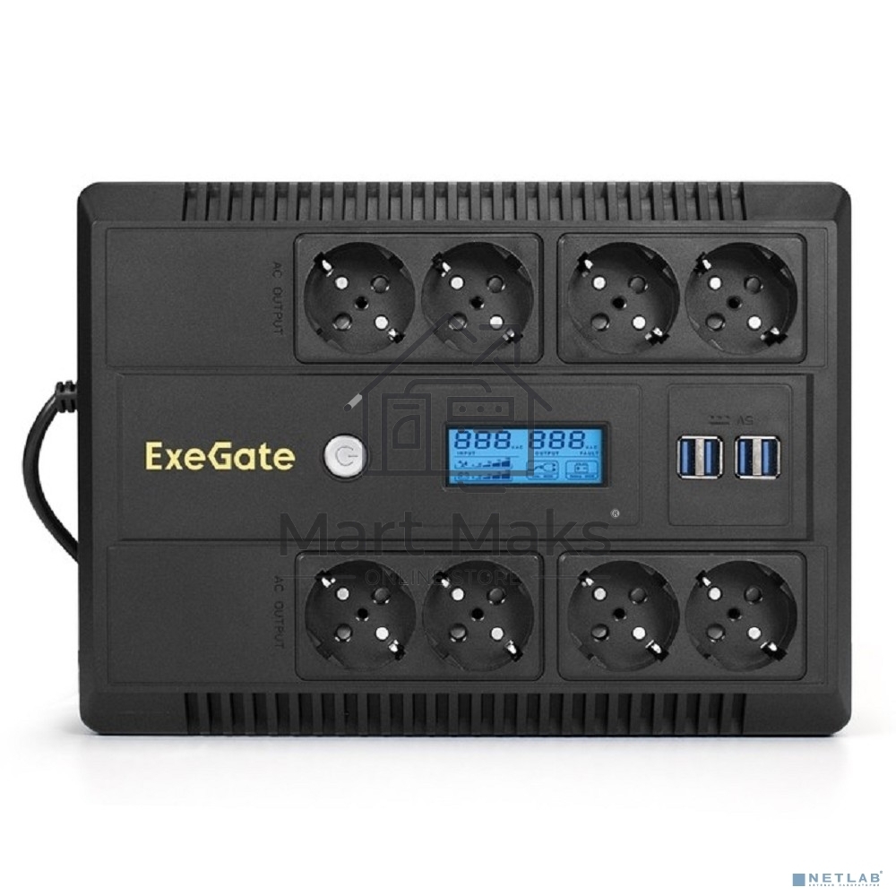 Источник бесперебойного питания ExeGate NEO Smart LHB-1000.LCD.AVR.8SH.CH.USB <1000VA/650W, LCD, AVR, 8*Schuko, USB, 4*USB-порта для зарядки, Black>