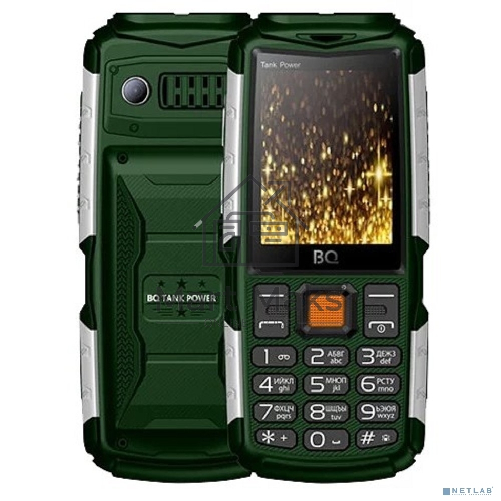 Мобильный телефон BQ 2430 Tank Power Green&silver 2.4” 240x320/32+32Mb/BT/2Sim/microSD/0.3Mp/4000mAh/Powerbank