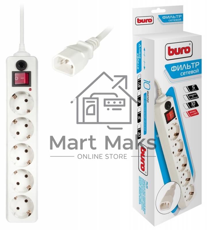 Сетевой фильтр Buro 500SH-1.8-UPS-W 1.8м (5 розеток) белый (коробка)