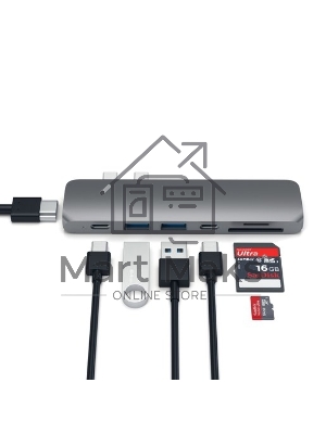 USB-хаб Satechi Aluminum Pro Hub для Macbook Pro (USB-C). Порты: HDMI, Thunderbolt 3, USB Type-C, SD, microSD, 2 x USB 3.0. серый космос.
