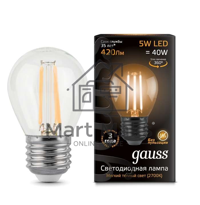 Лампа светодиодная Filament Шар E27 5Вт 2700К GAUSS 105802105