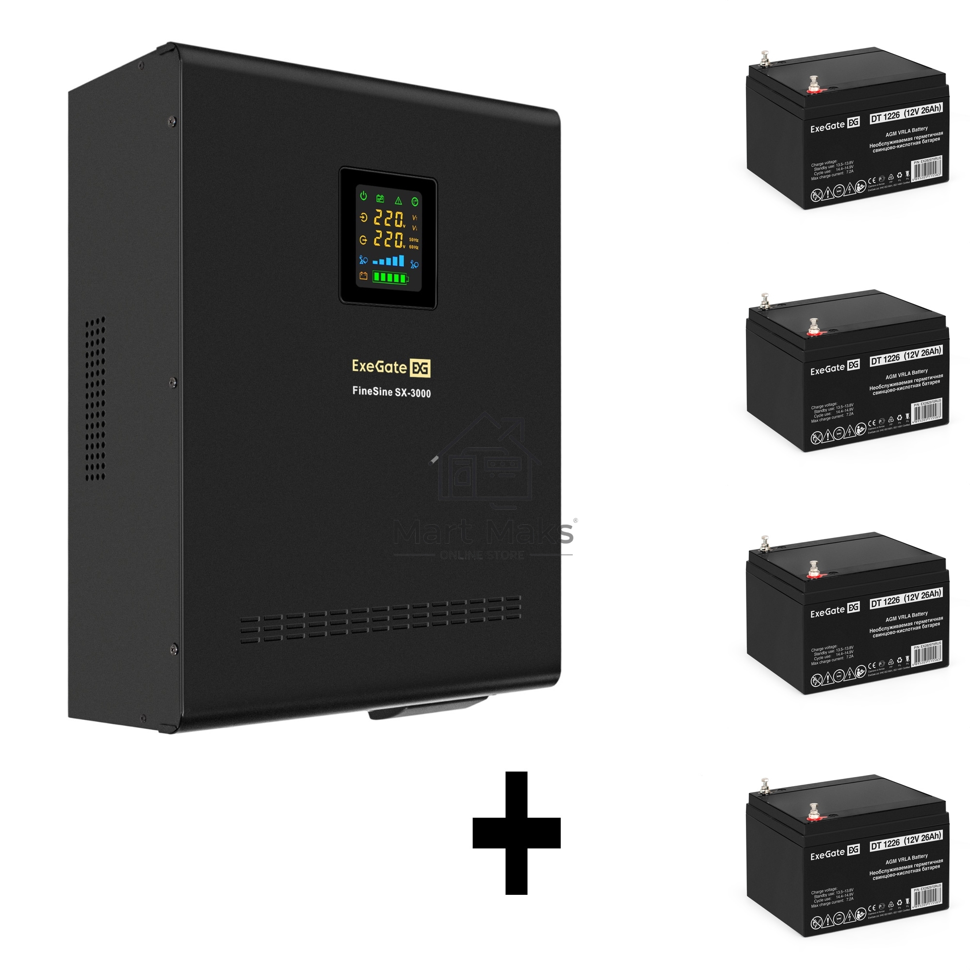 Комплект ИБП EX296003RUS + батарея 26Aч EX282970RUS 4шт (инвертор, синус, для котла, настенный) ExeGate FineSine SX-3000.LCD.AVR.2SH.T <3000VA/2100W, чистая синусоида, цветной LCD-дисплей, AVR, 2*Schuko+клеммы, линейно-интерактивный, крепление настенное, 