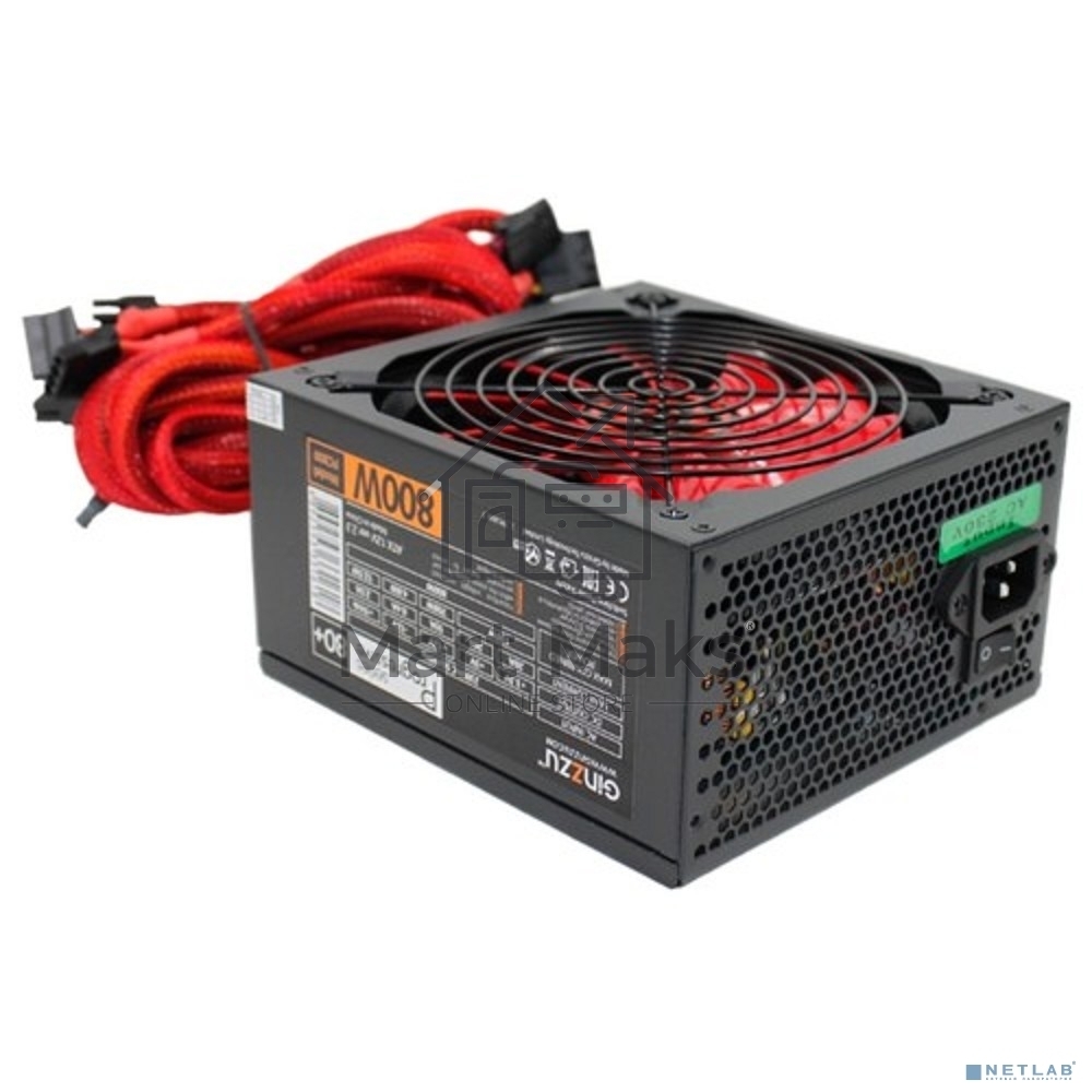 Блок питания Ginzzu PC800 Red, 800Вт, 80 PLUS, 140мм, черный/красный