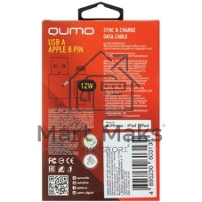 Кабель Qumo, MFI С91, USB-Apple 8 pin, 1м, 5-9В, до 2А, 18Вт, опл.нейлоновая леска, кон. металл серебро, белая оплетка