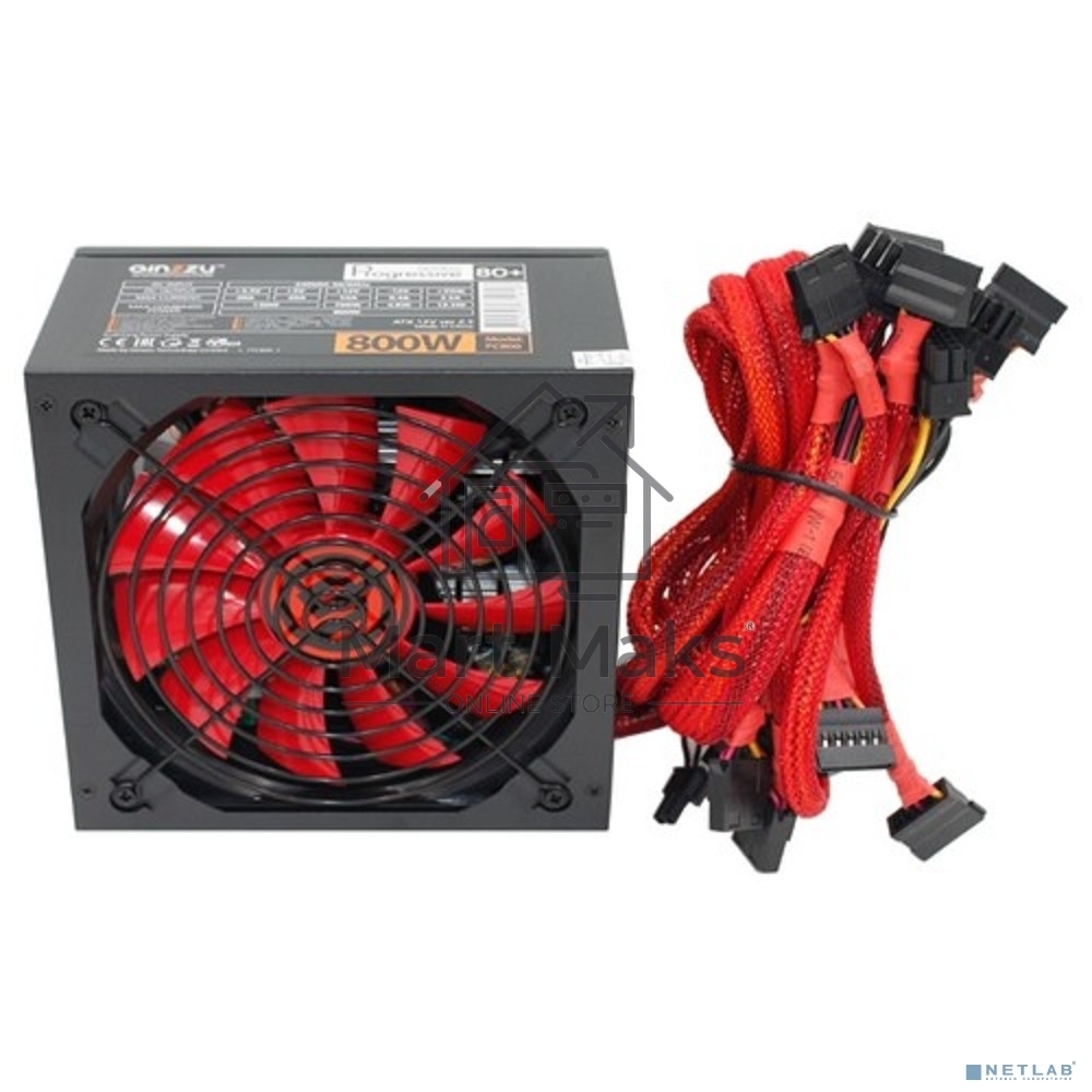 Блок питания Ginzzu PC800 Red, 800Вт, 80 PLUS, 140мм, черный/красный