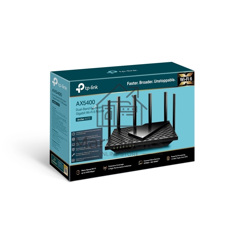 Роутер TP-Link Archer AX73 AX5400 Dual Band Wireless Gigabit Router, 1.5 GHz Tri-Core CPU, 1 GE WAN + 4 GE LAN ports, 1× USB 3.0 Port, support 1024-QAM, OFDMA, MU-MIMO, Airtime Fairness, Beamforming, 160MHz Channel Width, come with HomeShieldTM, support R