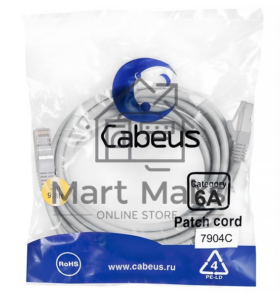 Шнур коммутационный Cabeus, кат. 6A, экр., S/FTP, RJ45/RJ45, LSZH, AWG26, 3м, серый