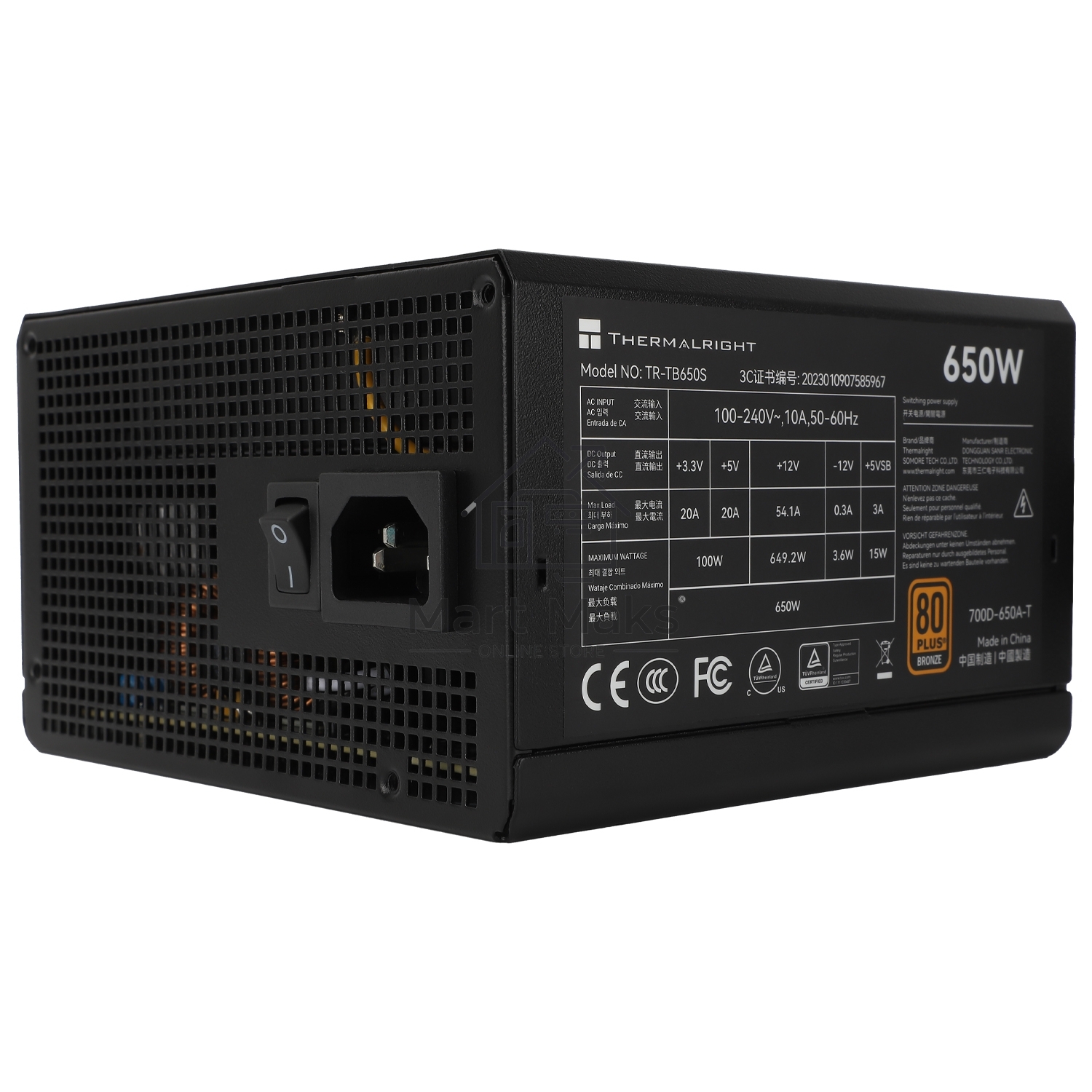 Блок питания Thermalright TR-TB650S 650W 80 PLUS Bronze, (ATX, 3, Non-modular, 1x24(20+4)pin 550mm, 1xCPU*2 8(4+4)pin 600+150mm, 1xPCIe*2 8(6+2)pin 500+150mm, 1xSATA*3+MOLEX4pin*1 400+150+150+150mm, 1xSATA*2+MOLEX4pin*2 400+150+150+150mm, Active, 120x120m
