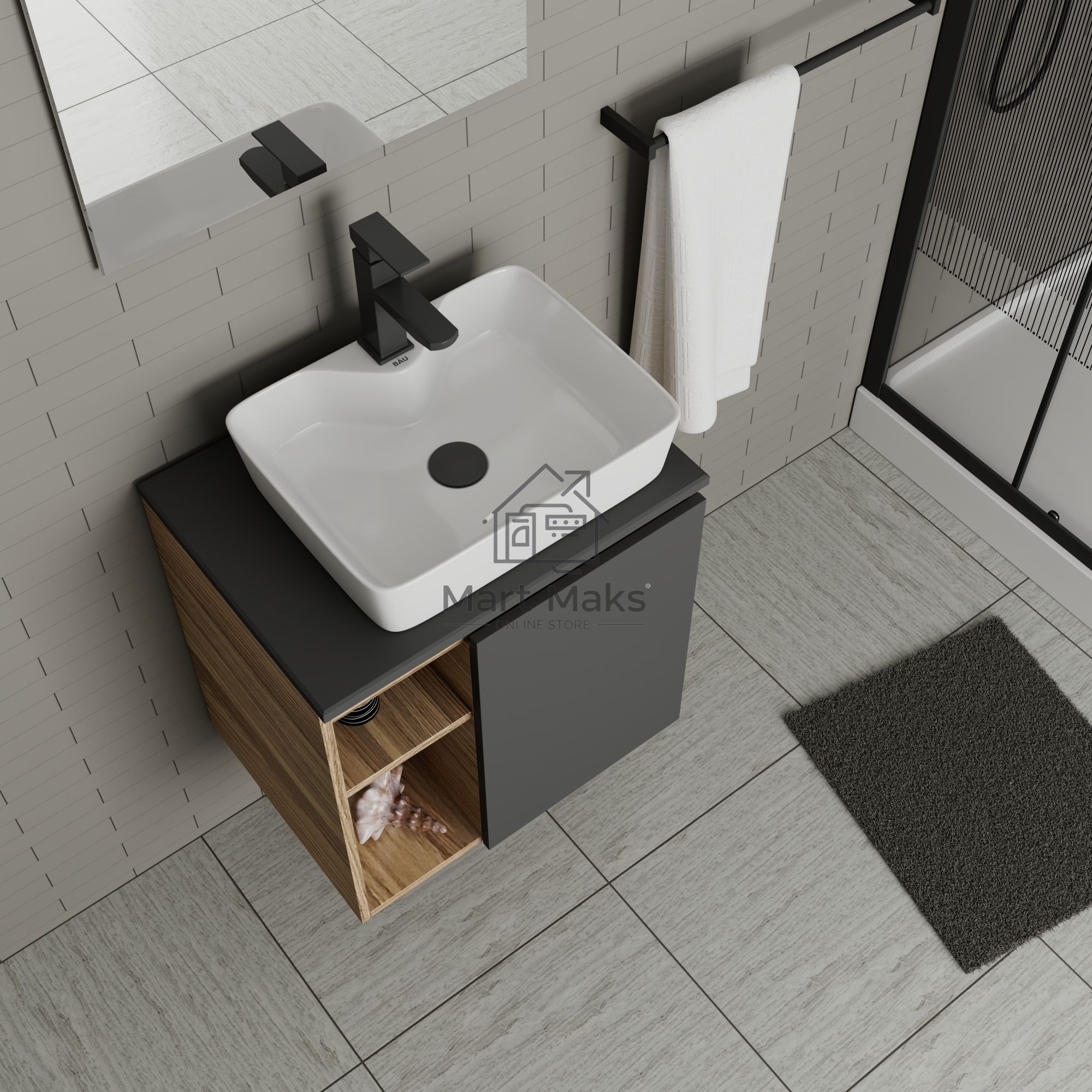 Тумба Bau Dream Blackwood 60 правая, графит, раковина BAU Cerama 48х37 белая, смеситель Hotel Black, черный, выпуск клик клак черный