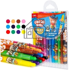 Восковые мелки Deli EC223-12 Color Kids, круглые, с поворотным механизмом, 12 цветов (12шт) длина 165мм, диаметр 10мм, блистер с европодвесом