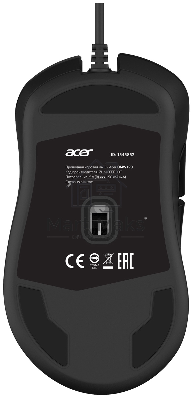 Мышь проводная Acer OMW190 черный, 6400 dpi, USB, кнопки - 6