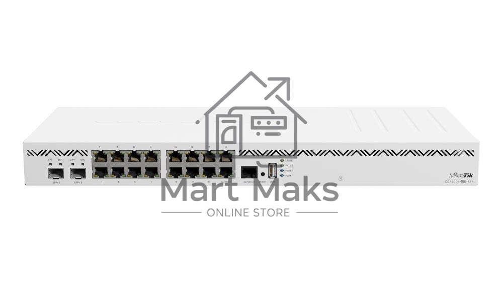 Маршрутизатор CCR2004-16G-2S+ Cloud Core Router 2004-16G-2S+ with Annapurna Labs Alpine v2 CPU with 4x ARMv8-A Cortex-A57 cores running at 1.7GHz, 4GB of DDR4 RAM, 128MB NAND storage, 16 x Gbit LAN, 2x SFP+ ports, 1U rackmount case, Dual PSU, RouterOS L6