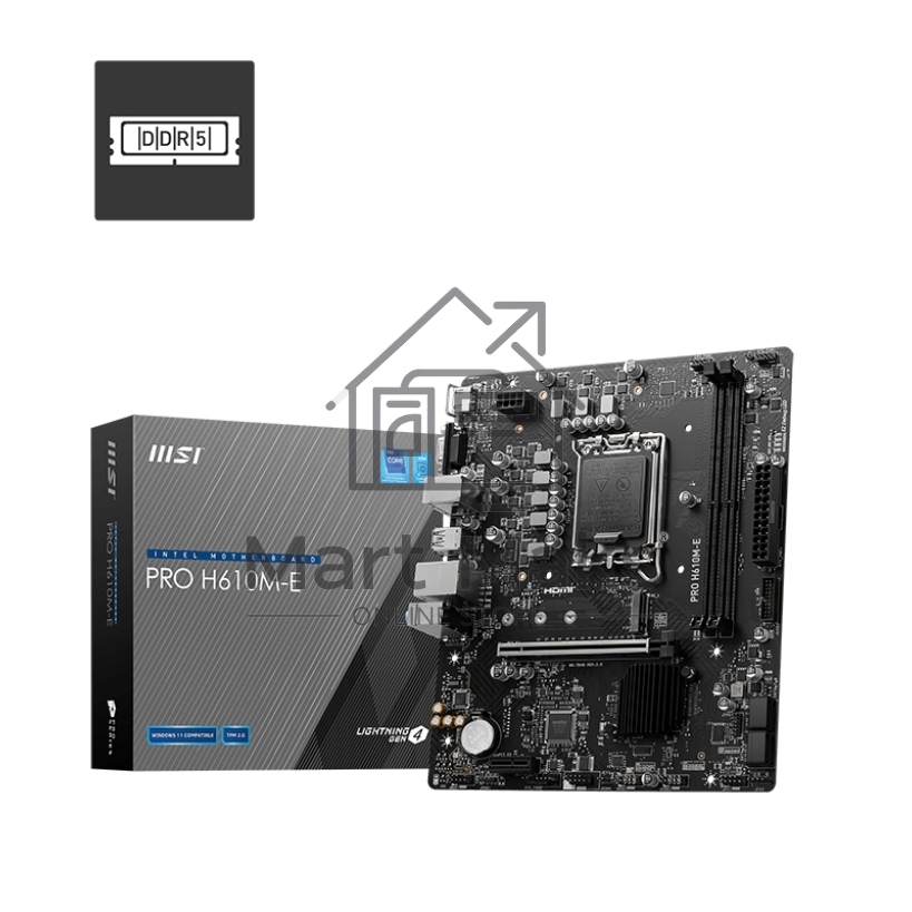 Материнская плата MSI PRO H610M-E, LGA 1700, Intel H610, 2xDDR5, 4xSATA, 1xM.2, 1xPCIe 4.0 x16, 1xPCIe 4.0 x1, 1xHDMI, 1xVGA, 1xRJ45 1Gb, 2xUSB-A 3.2 Gen 1, 4xUSB-A 2.0, 3x3.5мм, 7.1, mATX