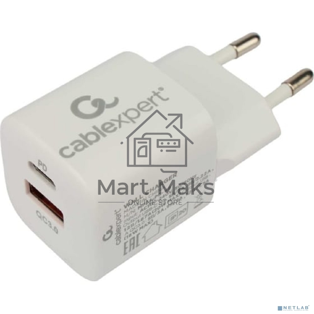 Зарядное устройство Cablexpert 20Вт, 3А, QC3.0/PD, 1xUSB, 1xType-C, белый, пакет