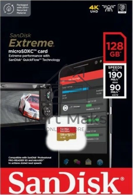 Флеш карта microSD 128GB SanDisk microSDXC Class 10 UHS-I A2 C10 V30 U3 Extreme 190MB/s