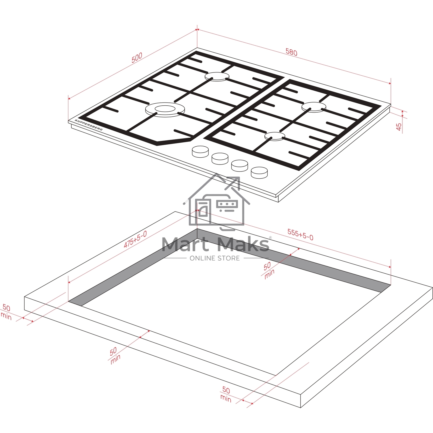Варочная панель Kuppersberg FS 66 B, газ, High-Tech, 58 см, автоматический электроподжиг, газ-контроль, форсунки под сжиженый газ, SABAF конфорки, чугунные решетки, цвет черный, цвет фурнитуры черный