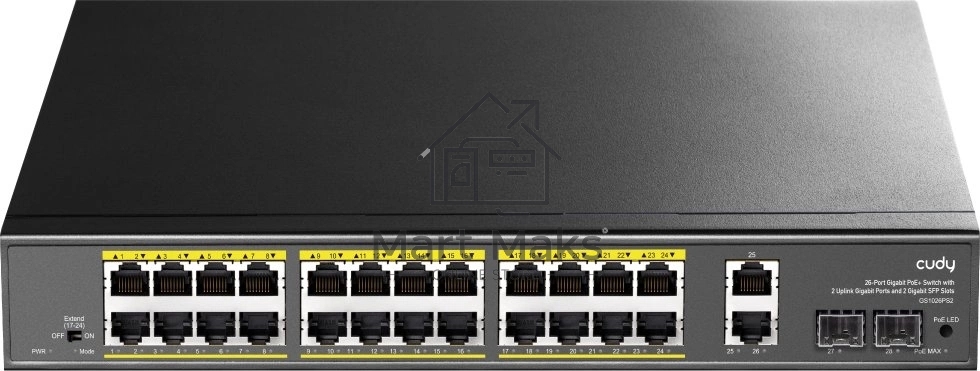 Коммутатор Cudy GS1026PS2, (L2) 26x1 Гбит/с 2xКомбо(1000BASE-T/SFP), 2SFP, 24PoE, 300W, неуправляемый