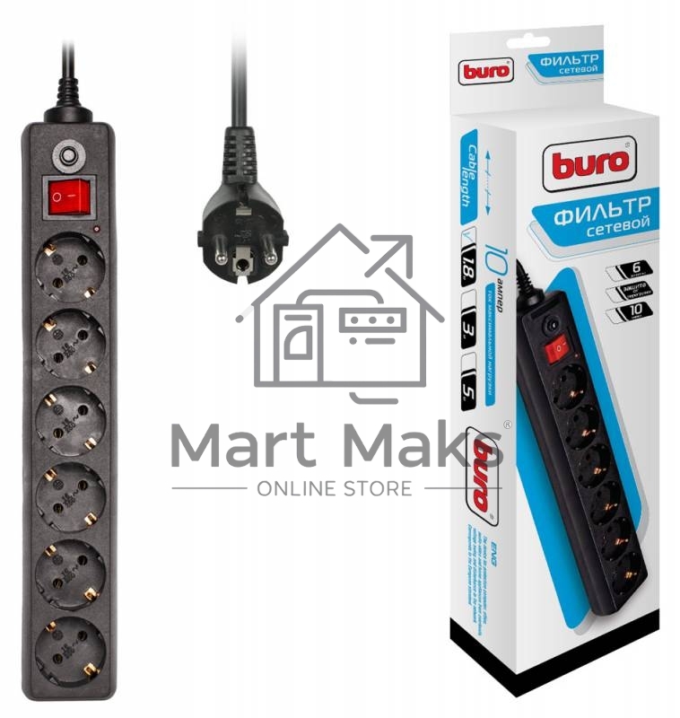 Сетевой фильтр Buro 600SH-1.8-B 1.8м (6 розеток) черный (коробка)