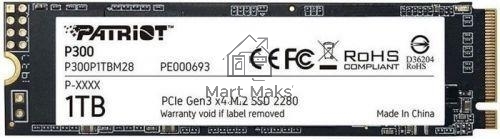 Накопитель SSD Patriot P300, 1000GB, PCIe 3.0 x4, M.2 2280, NVMe, R/W 2100/1650