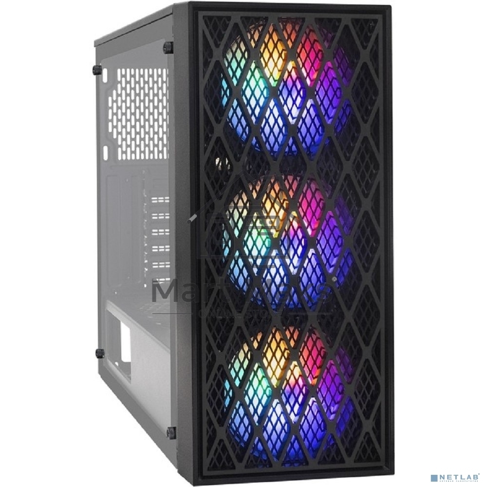Компьютерный корпус Miditower ExeGate EVO-8243 (ATX, без БП, 2*USB+1*USB3.0, черный, 3 вент. с RGB подсветкой, боковая панель - закаленное стекло)