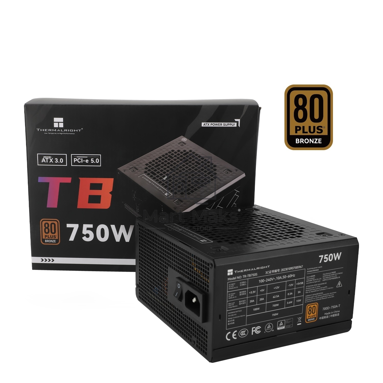Блок питания Thermalright TR-TB750S, 750W 80 PLUS Bronze, (ATX, 3, PCIe 5.0, Non-modular, 1x24(20+4)pin 550mm, 1xCPU*2 8(4+4)pin 600+150mm, 1xPCIe*2 8(6+2)pin 500+150mm, 1x12VHPWR PCIe 5.0 12+4pin 600mm, 1xSATA*3+MOLEX4pin*1 400+150+150+150mm, 1xSATA*2+MO
