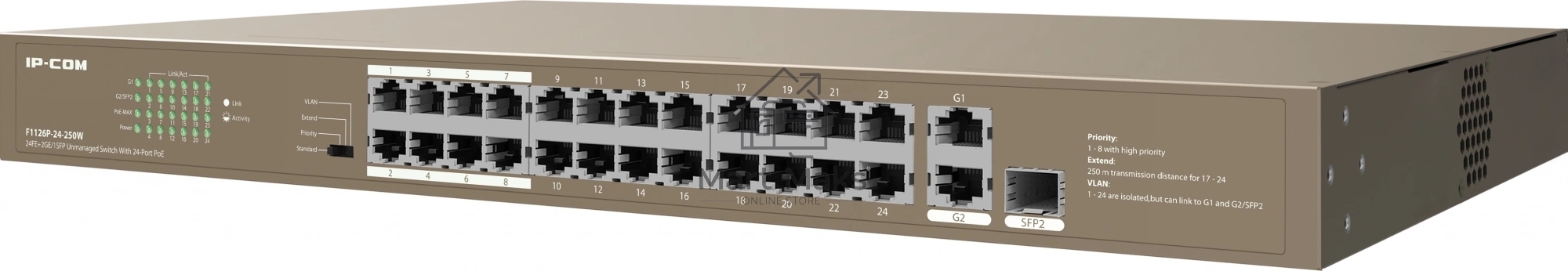 Коммутатор IP-COM F1126P-24-250W PoE неуправляемый 26-Ports 10/100 Mbps Base-TX + 1-Port 1000 Base-X SFP / 24-Ports PoE (PoE бюджет 230W)