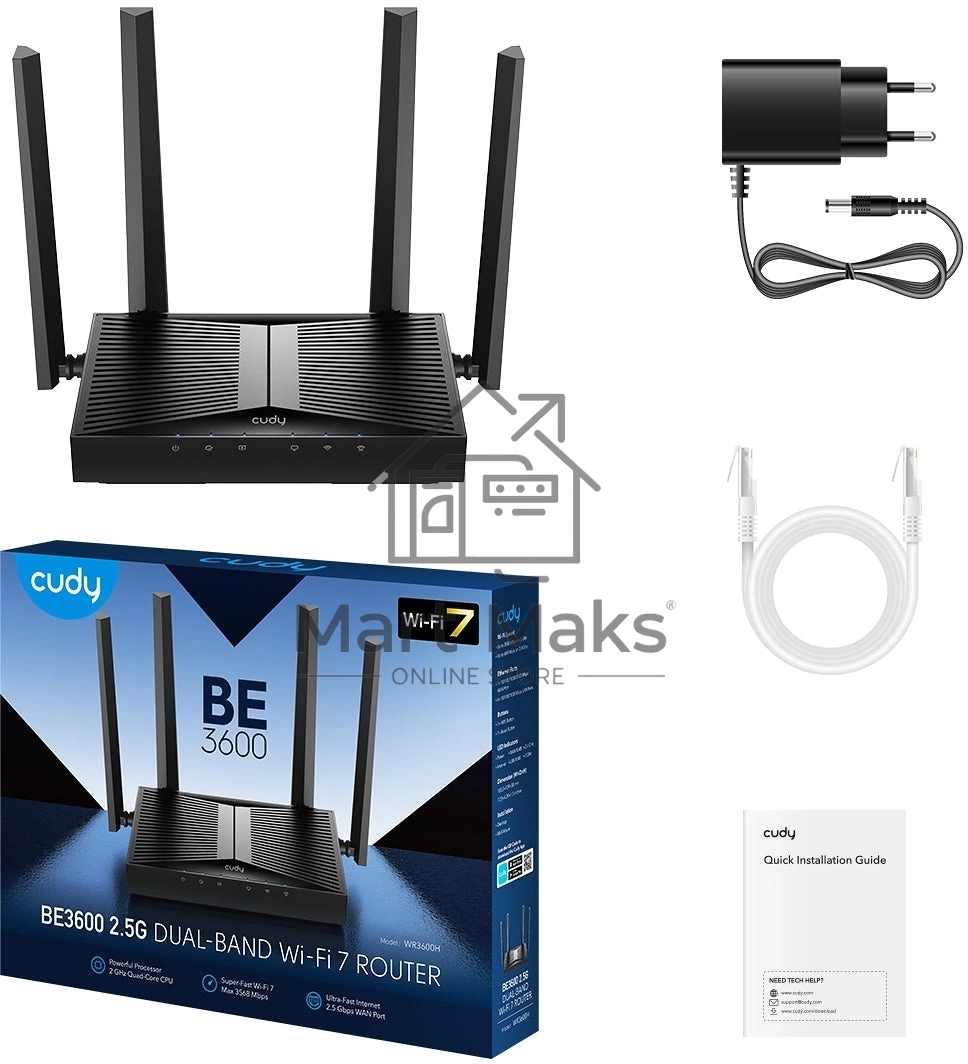 Маршрутизатор Cudy BE3600 2.5G Dual Band Wi-Fi 7 Mesh Router, Chipset Broadcom, 802.11be/ax/ac/a/b/g/n, 2882Mbps at 5GHz + 688Mbps at 2.4GHz, 1 x 2.5Gbps WAN Port, 4 x 10/100/1000Mbps Ports, 4 x 5dBi fixed antennas, WiFi router/AP/ Repeater/WISP Mode, PPT