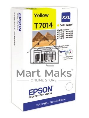 Картридж струйный Epson C13T70144010 желтый (3400 стр. сверх-повышенной емкости) для WorkForce WP-4015DN WP-4015, WP-4025DW WP-4025, WP-4095DN WP-4095, WP-4515DN WP-4515, WP-4525DNF WP-4525, WP-4535DWF WP-4535, WP-4595DNF WP-4595