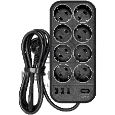 Сетевой фильтр Powercom SP-08 USB03AB 1,8 m 1.8м, 8 розеток, черный, коробка