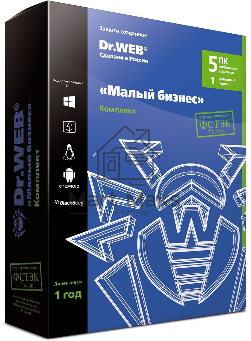 Комплект ПО DR.WEB «Малый бизнес» на 5 ПК + 1 фс + защита 5 почт. ящиков (Антивирус) ФСТЭК, коробка