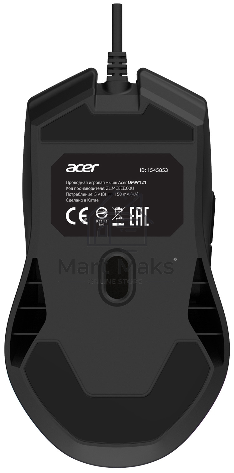Мышь проводная Acer OMW121 черный, 6400 dpi, USB, кнопки - 6