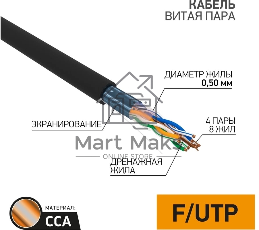 Кабель витая пара PROconnect FTP 4PR 24AWG, CCA, CAT5e, наружный (OUTDOOR), бухта 305 м