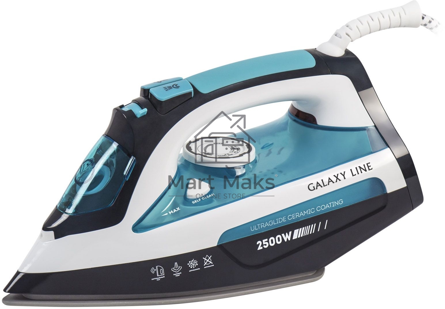 Утюг Galaxy Line GL 6123, голубой с белым, паровой, 2500 Вт, постоянный пар 50 г/мин, паровой удар 230 г/мин, функции: самоочистка, антикапля, антинакипь, функция увлажнения, вертикальное отпаривание, защита от перегрева, индикатор нагрева, керамическое п