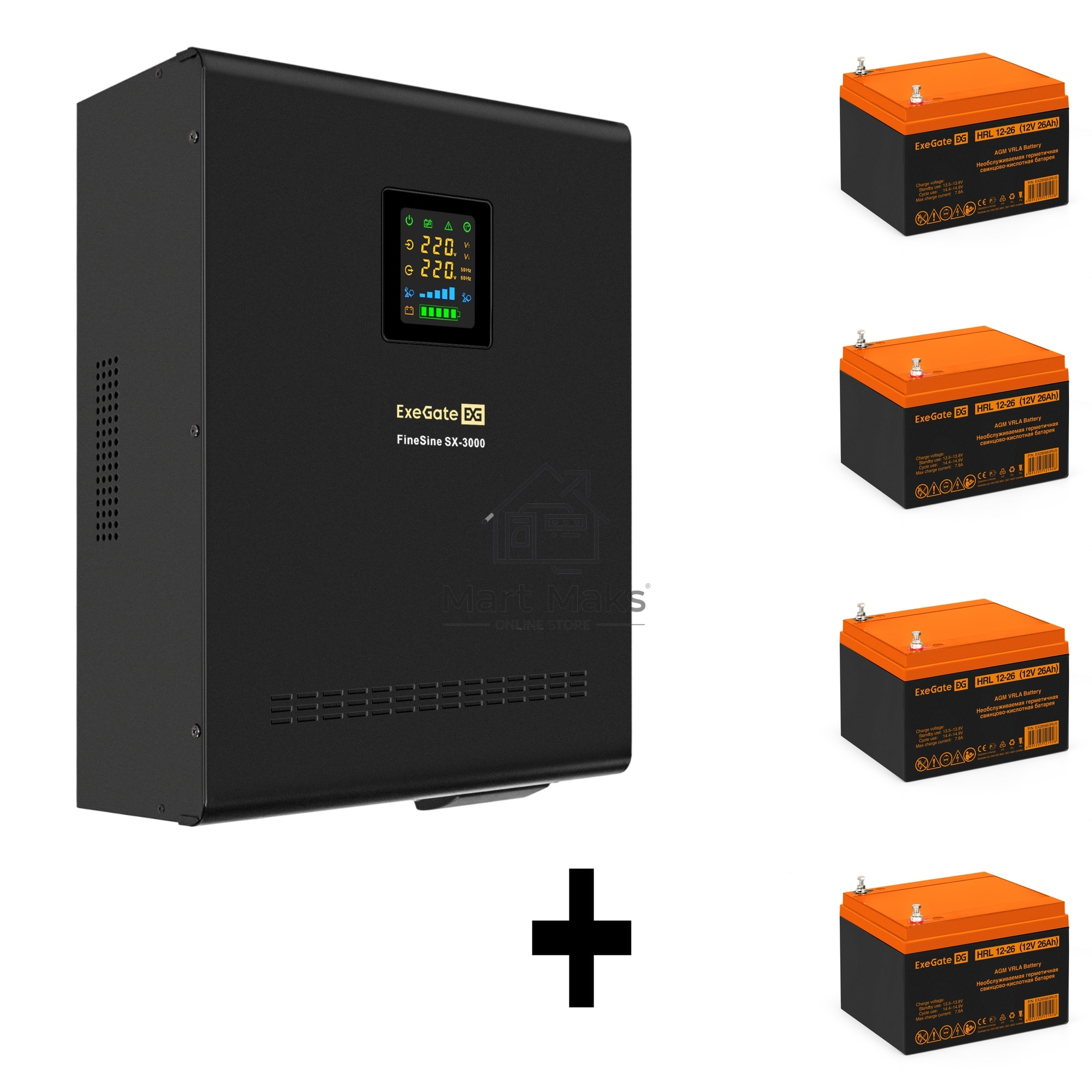 Комплект ИБП EX296003RUS + батарея 26Aч EX285663RUS 4шт (инвертор, синус, для котла, настенный) ExeGate FineSine SX-3000.LCD.AVR.2SH.T <3000VA/2100W, чистая синусоида, цветной LCD-дисплей, AVR, 2*Schuko+клеммы, линейно-интерактивный, крепление настенное, 