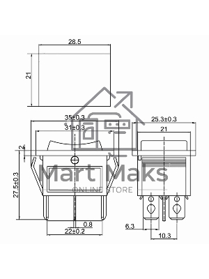 Выключатель клавишный Rexant 250V 15А (6с) ON-OFF-ON черный с нейтралью