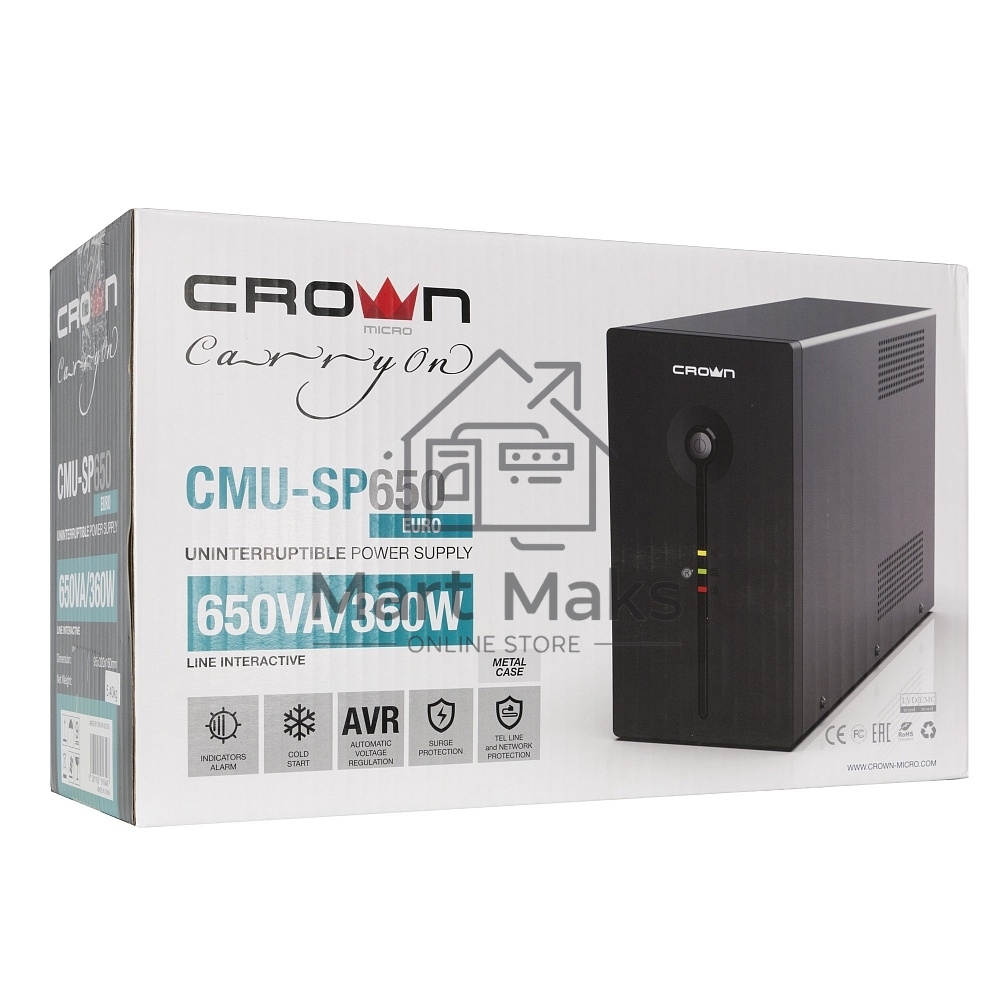 Источник бесперебойного питания CROWN ИБП CMU-SP650EURO 650VA, металл, 1x12V/7AH, розетки 2*EURO+1*IEC bybass CM000001490