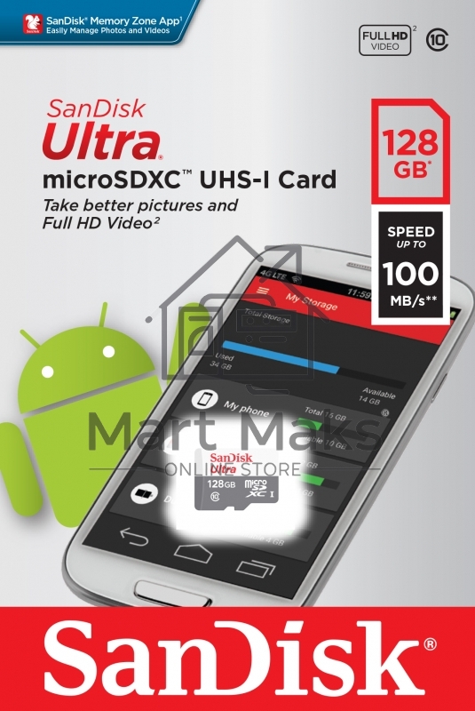 Флеш карта microSD 128GB SanDisk microSDXC Class 10 Ultra UHS-I A1 140MB/s