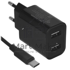 Сетевое зарядное устройство Cablexpert MP3A-PC-37 USB 2 порта, 2.4A, черный + кабель 1м Type-C