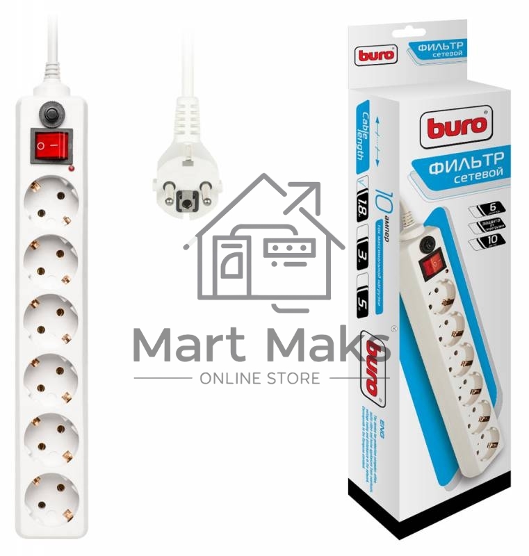 Сетевой фильтр Buro 600SH-1.8-W 1.8м (6 розеток) белый (коробка)