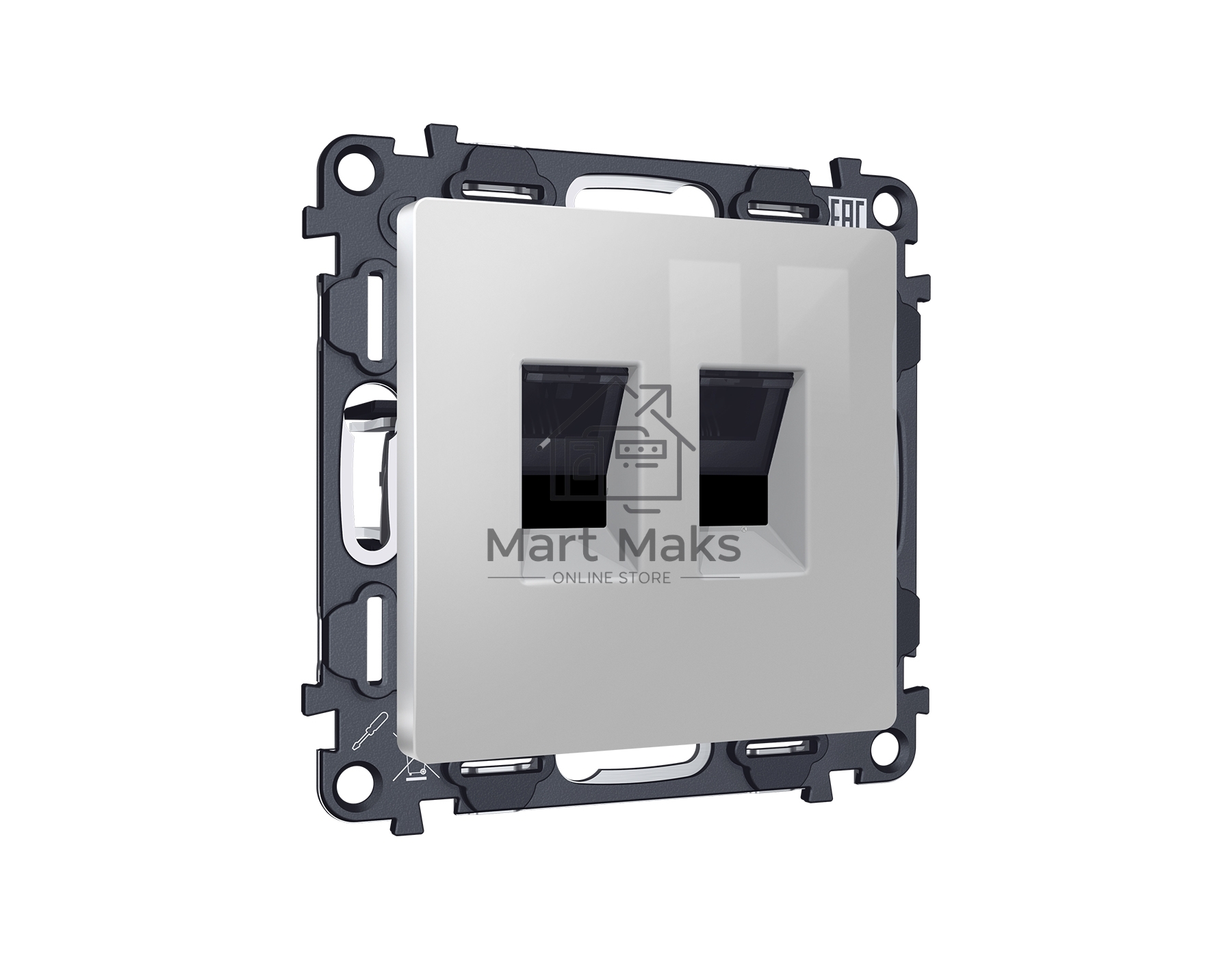 Комплект механизма компьютерной двойной розетки RJ-45 (8P8C) CAT6 с автоматической защитной шторкой ALFA Серебро глянец QUANT (AP4121, VM189) MA412110