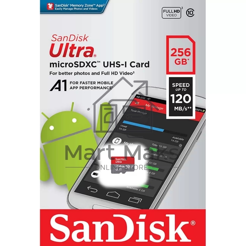 Флеш карта microSD 256GB SanDisk microSDXC Class 10 Ultra UHS-I U1 A1 120MB/s