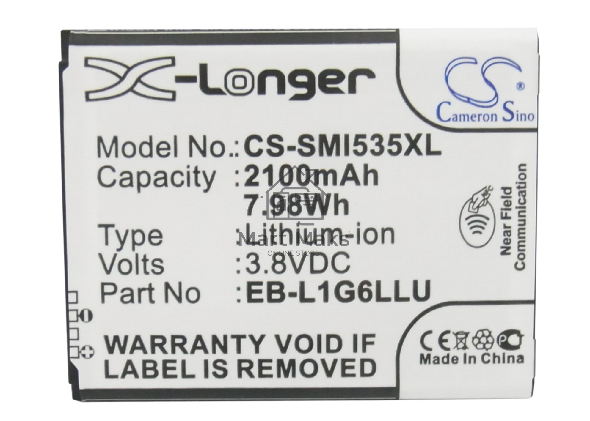 Аккумулятор CameronSinoCS-SMI535XL для Samsung Galaxy S3 I93003.8V / 2100mAh / 7.98Wh