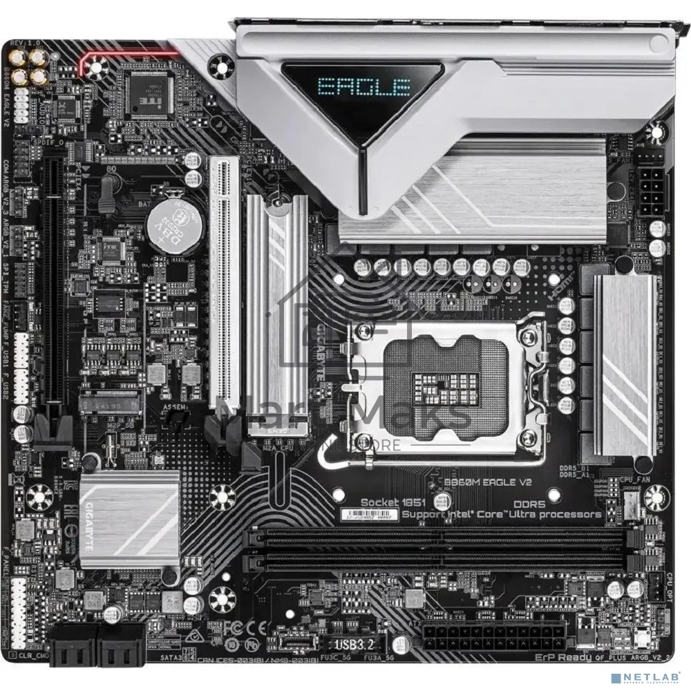 Материнская плата Gigabyte B860M EAGLE V2, LGA1851, Intel B860, 2xDDR5, 4xSATA, 2xM.2, 1xPCIe 5.0 x16, 1xPCIe 4.0 x4, 1xDP, 1xHDMI, 1x2.5Gb LAN, 3xUSB-A 5Gbps, 7xUSB-A 2.0, 1xUSB-C 5Gbps, 3x3.5 мм, 7.1, mATX